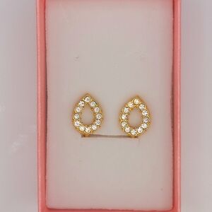 Vintage Goldtone Teardrop Clip On Earrings W/Imitation Diamonds, Giftboxed